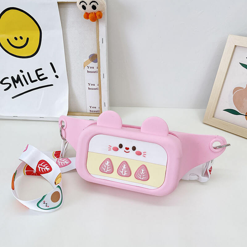 Kids fruit pattern shoulder bag, brightly colored silicone accessory with adjustable strap design