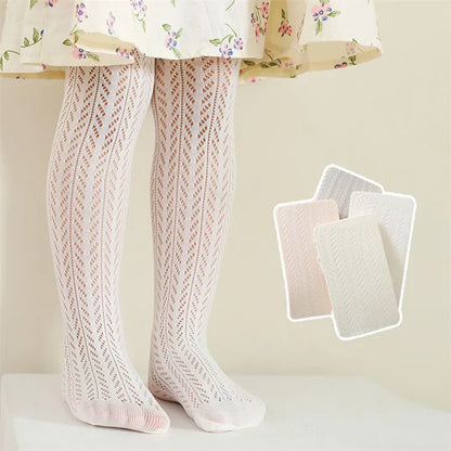 Mesh thin summer pantyhose in a folded stack, ready for girls' apparel.