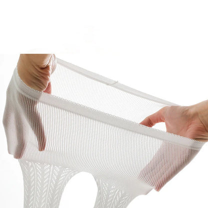 Detail of elastic waistband on girls' mesh thin summer pantyhose, breathable comfort.
