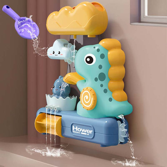 Cute green dinosaur bathtub toy for toddlers floating in water, perfect for bath time fun.