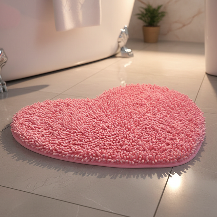 Cute heart-shaped microfiber bath mat for bathroom decor. Soft & absorbent.
