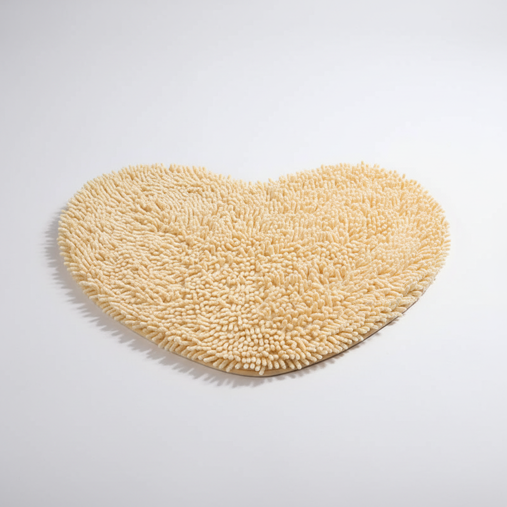 Cozy heart-shaped microfiber floor mat, a charming & absorbent home comfort accessory for any room.