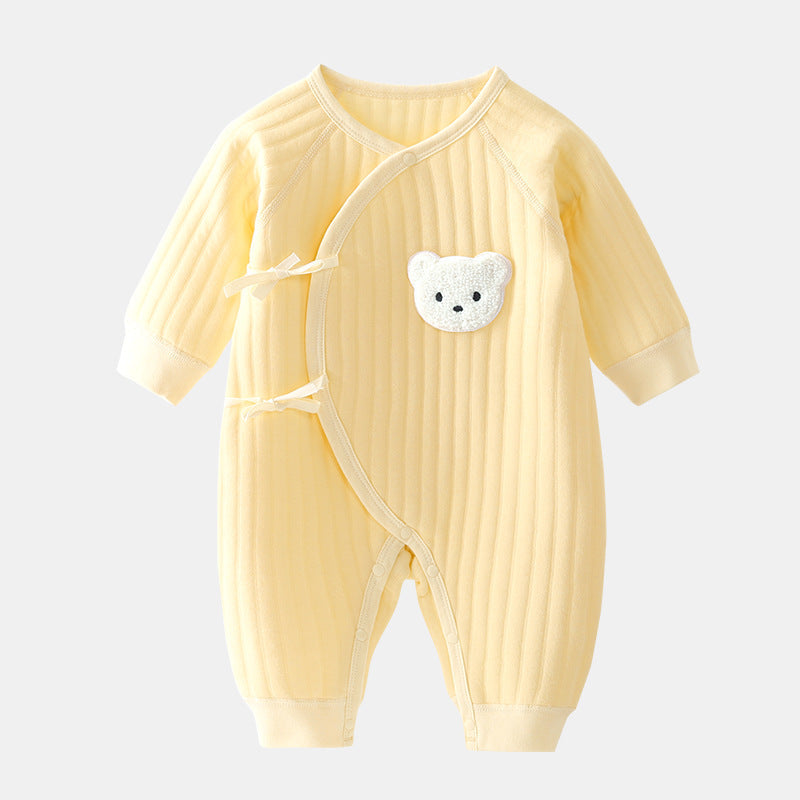 Soft 3-6 months baby bodysuit with bear applique for cozy spring & autumn. Newborn infant outfit.