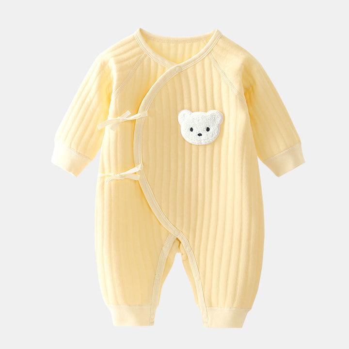 Soft 3-6 months baby bodysuit with bear applique for cozy spring & autumn. Newborn infant outfit.