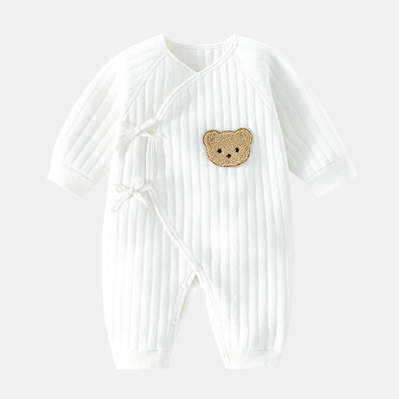 Cozy infant bear applique bodysuit, perfect for spring & autumn baby essentials. Cute newborn outfit.