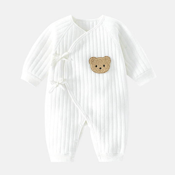 Cozy infant bear applique bodysuit, perfect for spring & autumn baby essentials. Cute newborn outfit.