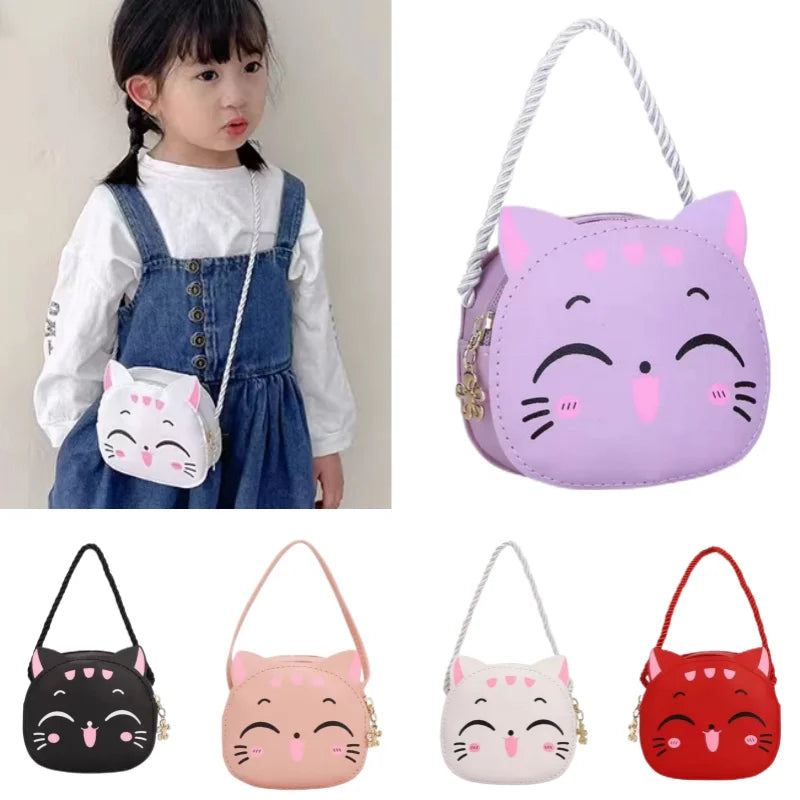 Cute kids' cat crossbody coin bag in pink with adjustable strap, perfect for girls' accessories.