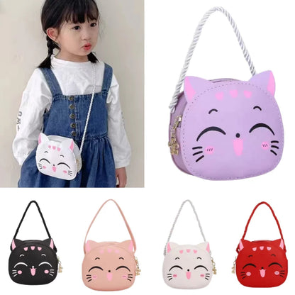 Cute kids' cat crossbody coin bag in pink with adjustable strap, perfect for girls' accessories.