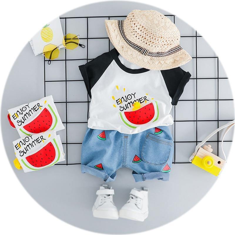 Adorable watermelon print summer outfit for babies. Bright red & green, stylish two-piece set for infant fashion.