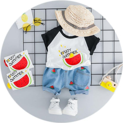 Adorable watermelon print summer outfit for babies. Bright red & green, stylish two-piece set for infant fashion.
