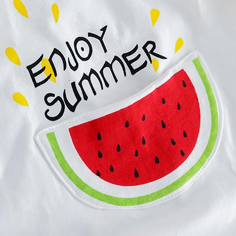 Comfortable kids' watermelon summer play set. Breathable fabric shorts & top for active toddlers, ideal for seasonal wear.