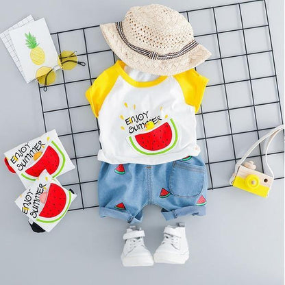 Cheerful kids' watermelon summer outfit. Bright, gender-neutral baby shorts set for comfortable play & vibrant infant fashion.