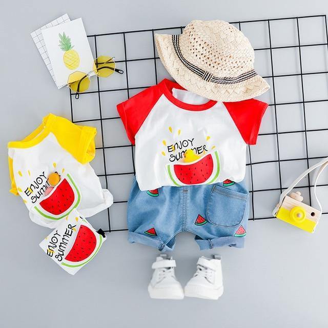 Toddler watermelon print summer outfit. Bright & comfy baby shorts set for kids, perfect seasonal playwear & infant fashion.
