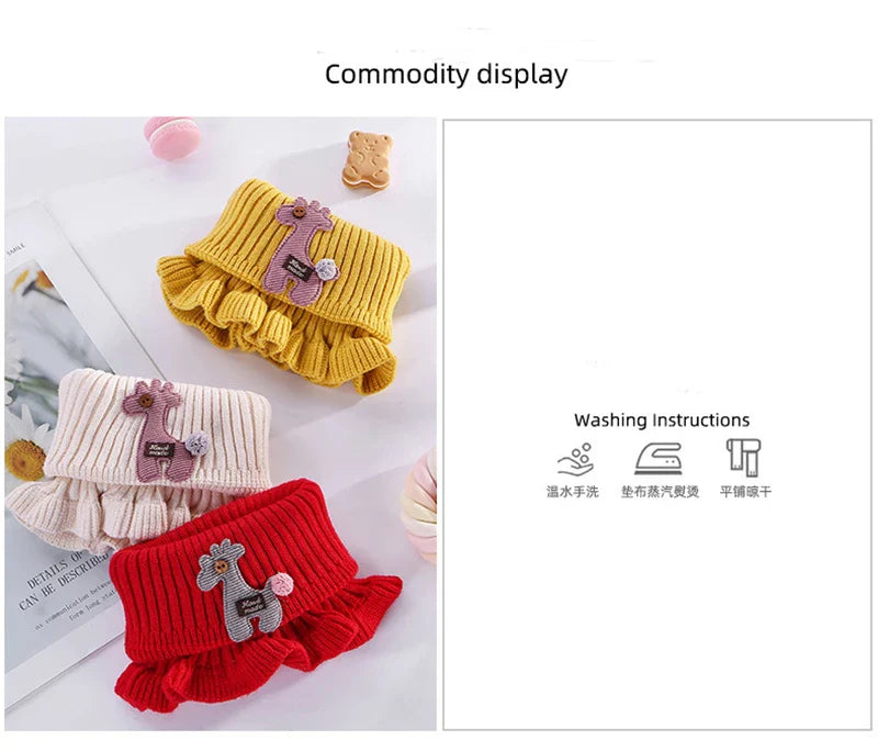 Knitted giraffe neck warmer for kids, a cute winter accessory that's soft and warm.