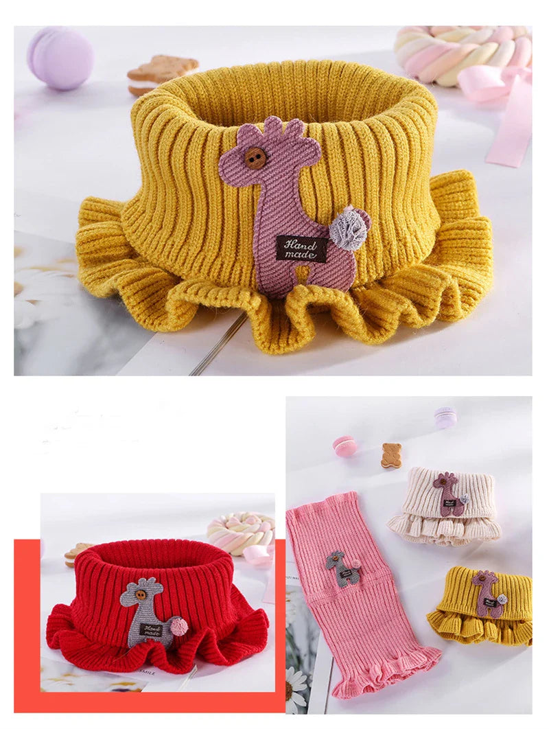 Toddler's cozy giraffe neck warmer, a fashionable knitted scarf with an animal print.