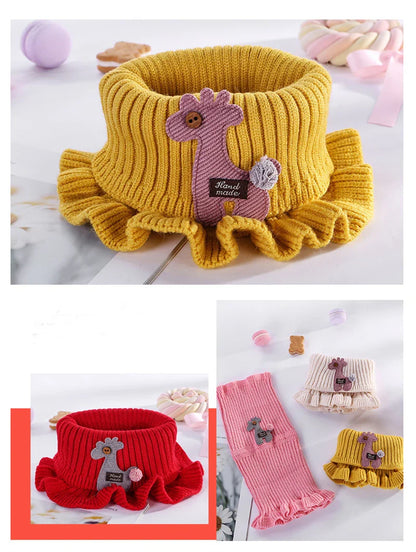 Toddler's cozy giraffe neck warmer, a fashionable knitted scarf with an animal print.
