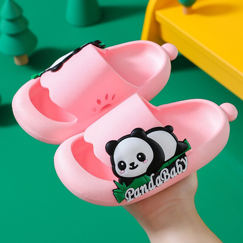 Close-up of children's panda sandals, showing soft material and non-slip sole for safety