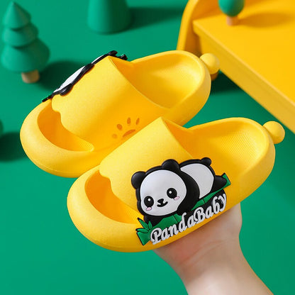 Pair of kids' panda slippers from above, highlighting the adorable panda face design