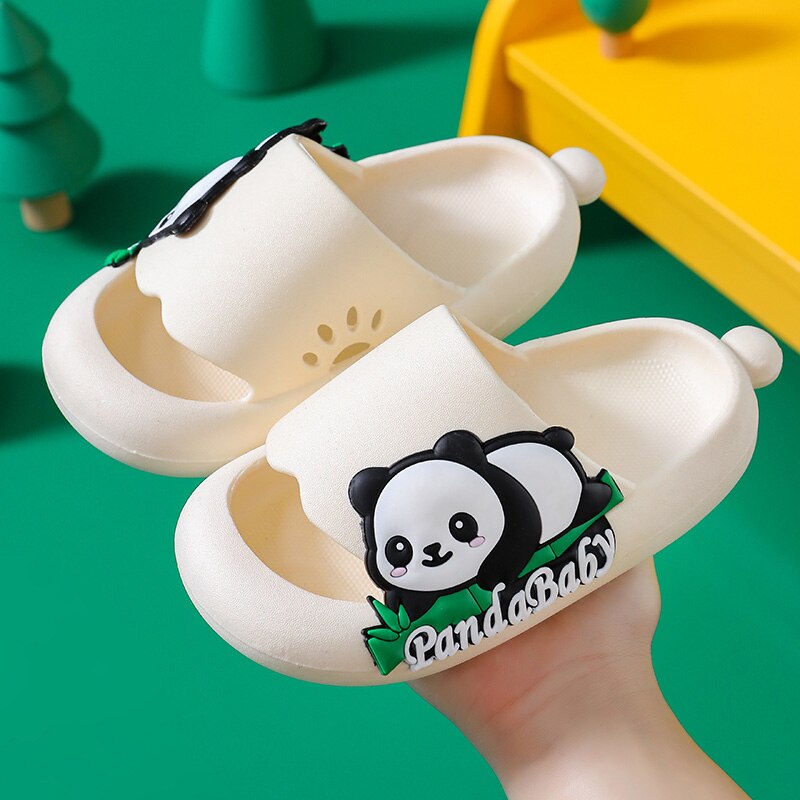 Group of colorful panda non-slip slippers for kids, showcasing various sizes available