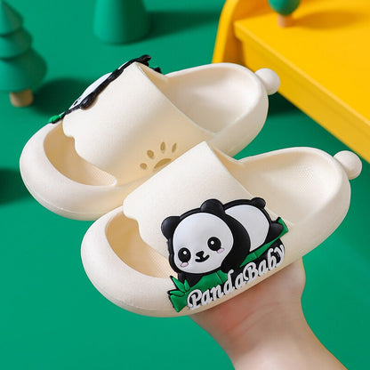 Group of colorful panda non-slip slippers for kids, showcasing various sizes available
