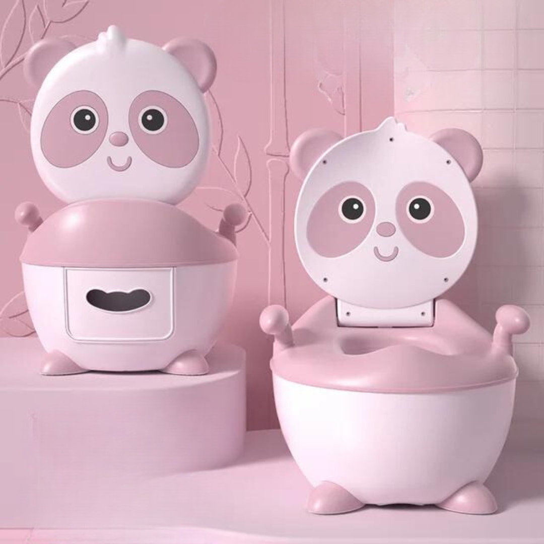 Happy toddler sitting on a cute panda potty, making toilet training fun and engaging for kids.