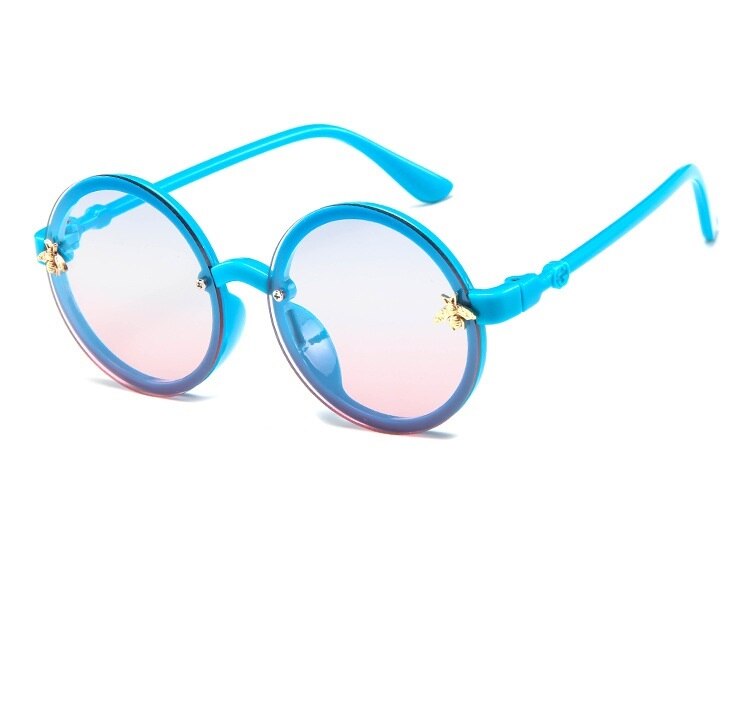 Group of colorful kids sunglasses, all with UV protection, summer essentials display