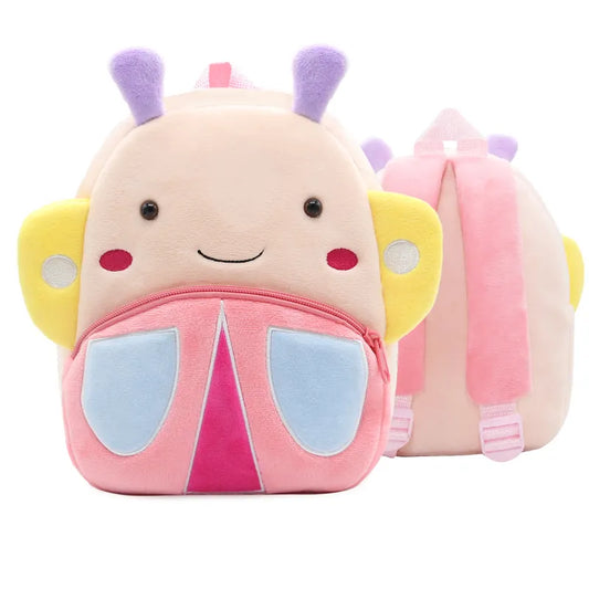 Cute pink plush butterfly school backpack for toddlers with adjustable straps, perfect for preschool girls.