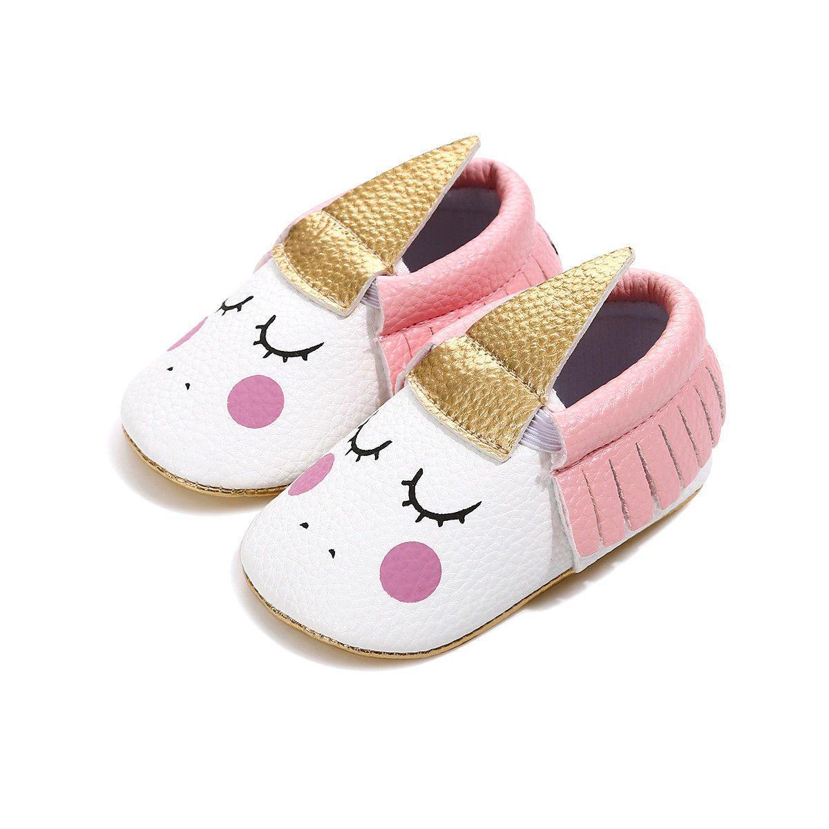 Unicorn motif baby girl non-slip shoes, comfortable and safe infant footwear for daily wear.