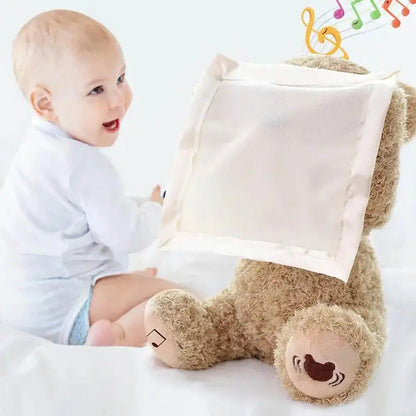 Cute plush peekaboo bear interactive toy for babies and toddlers, sings and plays games.