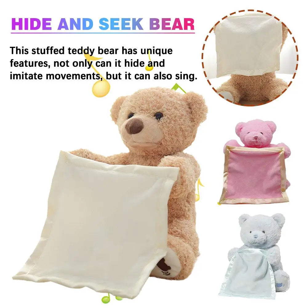 Plush singing peekaboo bear toy, an educational and fun interactive companion for children.