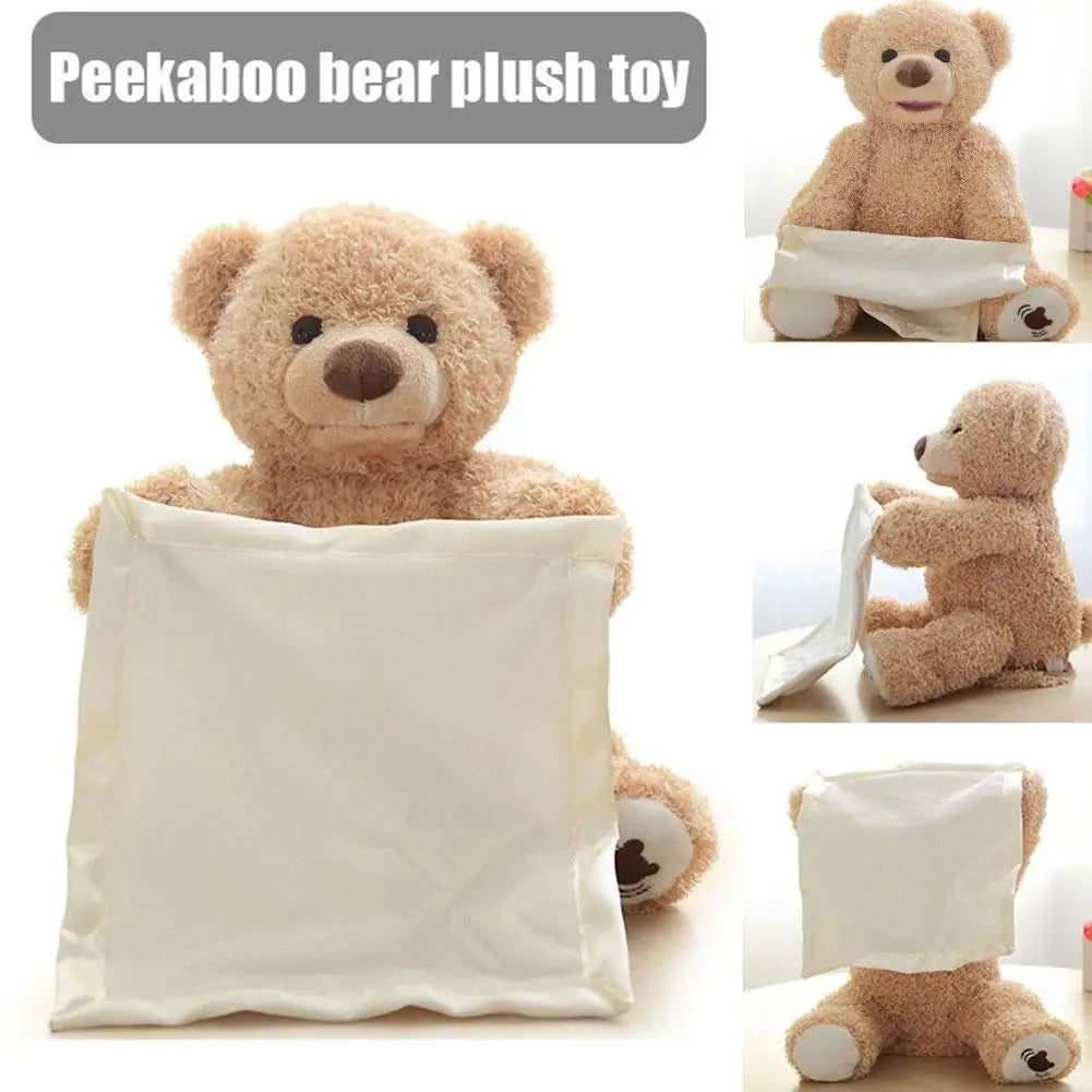Animated peekaboo bear toy, soft and fluffy, designed for interactive play and singing.