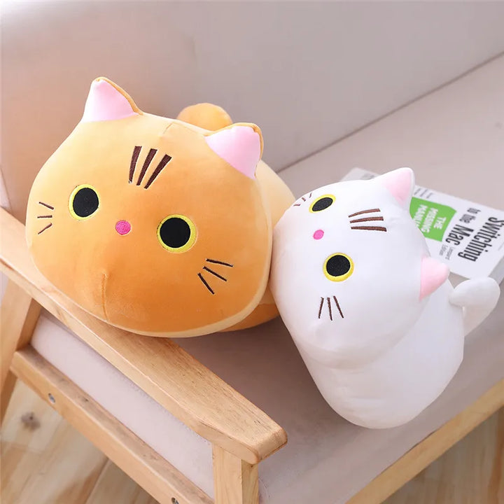 Adorable stuffed cat hug pillow, perfect comfort toy for children's bedtime.
