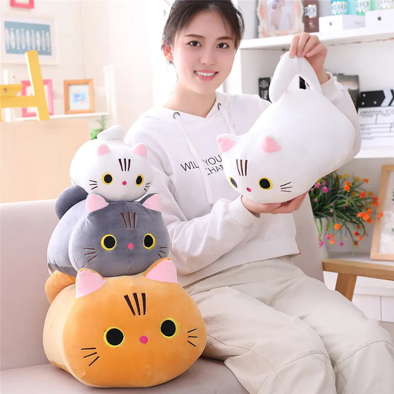 Cute cartoon cat plush toy, a cuddly stuffed animal for playtime.