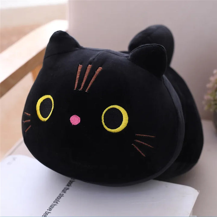 Delightful cartoon cat stuffed animal, a comfort toy for children.