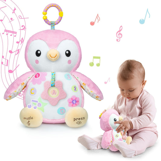 Cute stuffed animal plush toy with hanging ring, crinkle sounds & rattle for baby sensory play