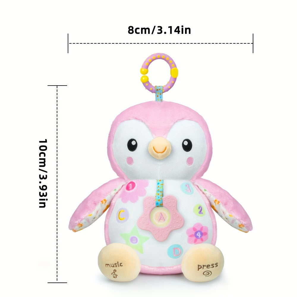 Soft infant plush toy with a hanging ring and rattle, perfect for tummy time and newborns