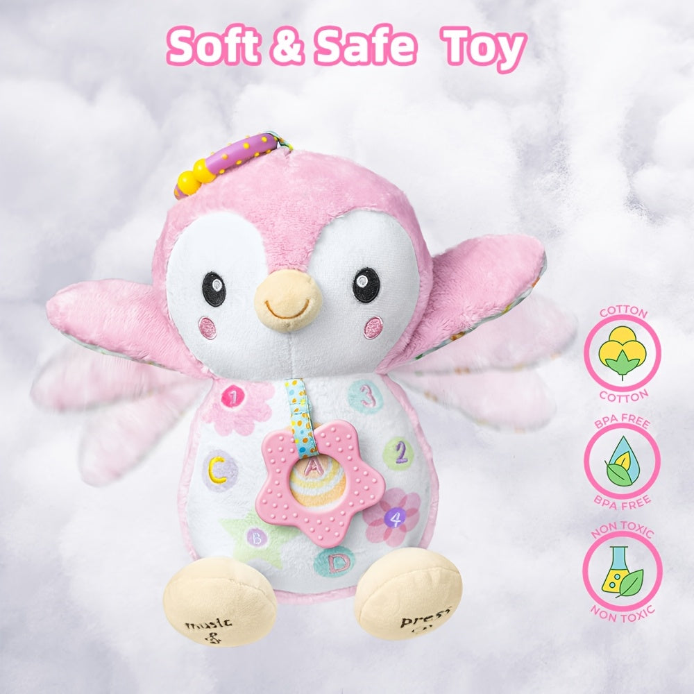 Interactive baby sensory toy: plush animal with hanging ring, crinkle sounds, and gentle rattle