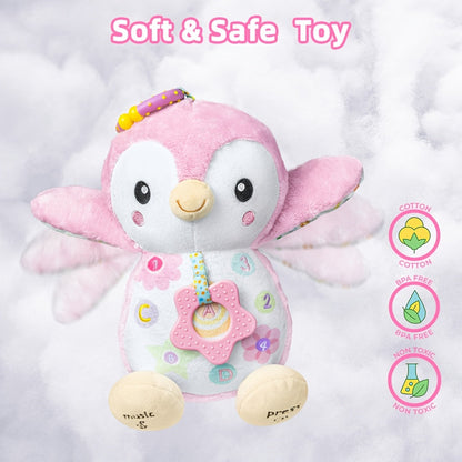 Interactive baby sensory toy: plush animal with hanging ring, crinkle sounds, and gentle rattle