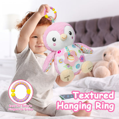 Adorable hanging plush toy for infants, featuring crinkle sounds and a built-in rattle for babies