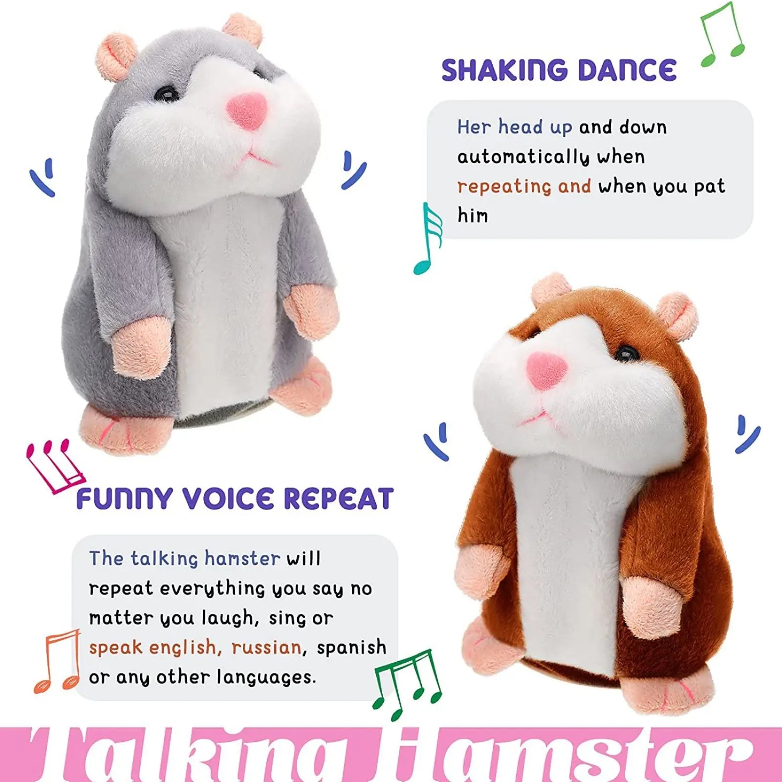 Smiling child interacting with a conversational hamster toy, a plush and educational baby toy