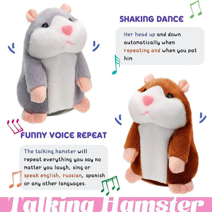Smiling child interacting with a conversational hamster toy, a plush and educational baby toy