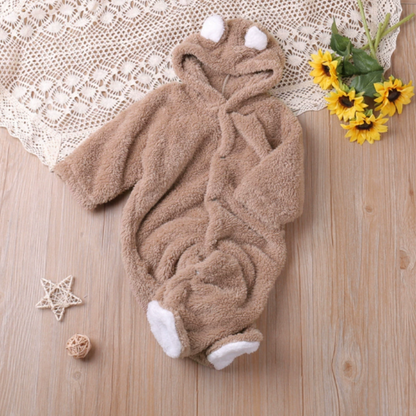 Cute unisex baby burrow hooded animal romper for newborns, perfect cozy comfort.