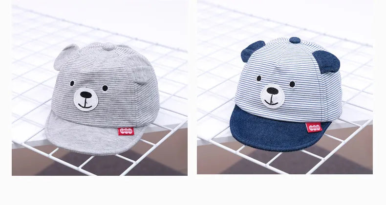 Close-up of the adjustable strap on a cartoon baby cap, ensuring a snug fit for infants
