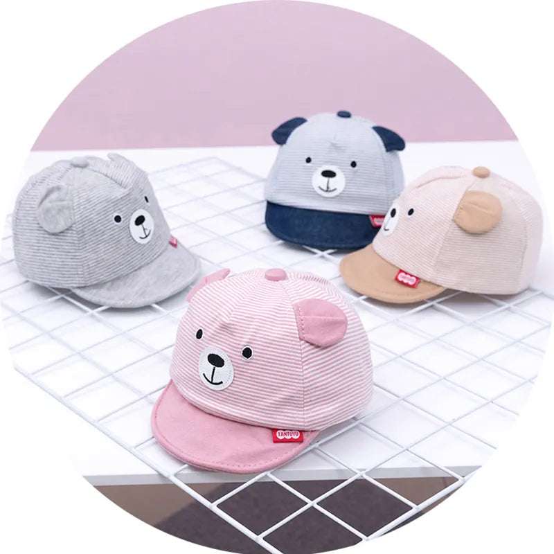 Pink cartoon bear baby cap, adjustable cotton for newborns, essentials for girl infants