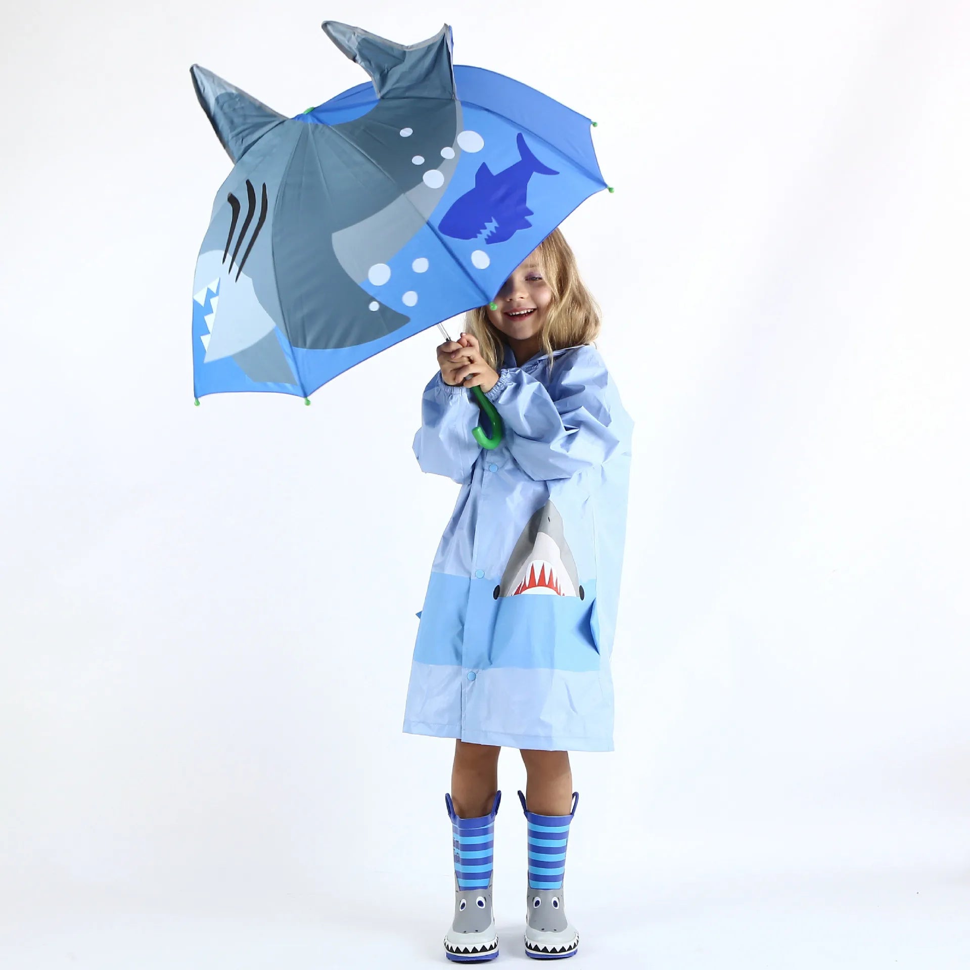 Blue dinosaur child's umbrella, vibrant rain gear for adventurous outdoor play in puddles