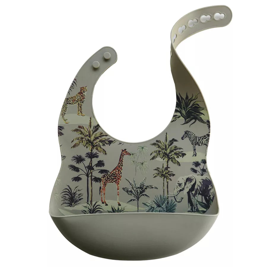 Colorful silicone baby bib displaying a playful cartoon dog, an easy clean feeding solution