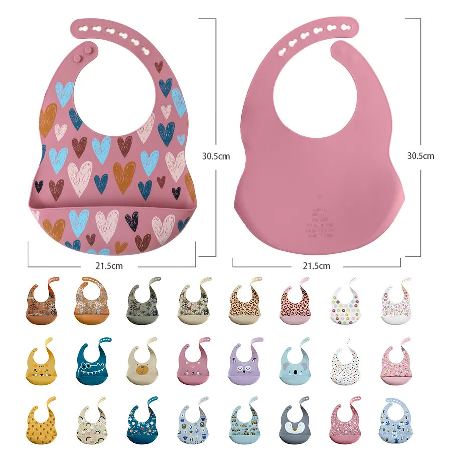 Stylish baby silicone bib with an adorable cartoon fox, offering waterproof mealtime protection