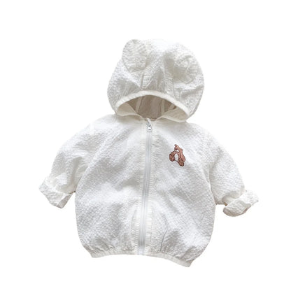 Cute yellow unisex baby sun protection jacket with bear hood for summer play