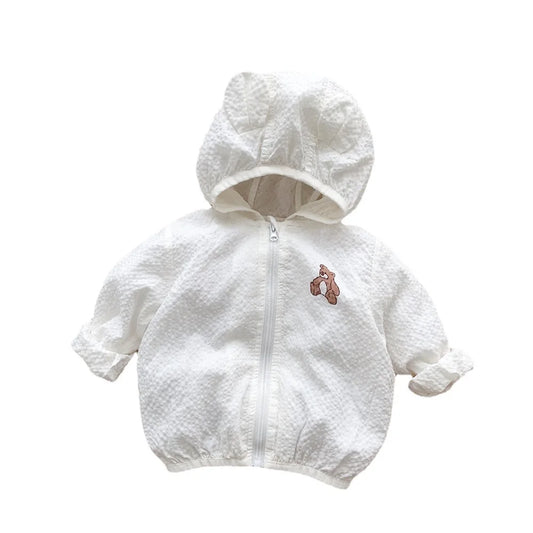 Cute yellow unisex baby sun protection jacket with bear hood for summer play