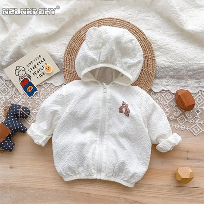 Toddler light blue UV protection jacket, cartoon bear ears on hood, breathable fabric